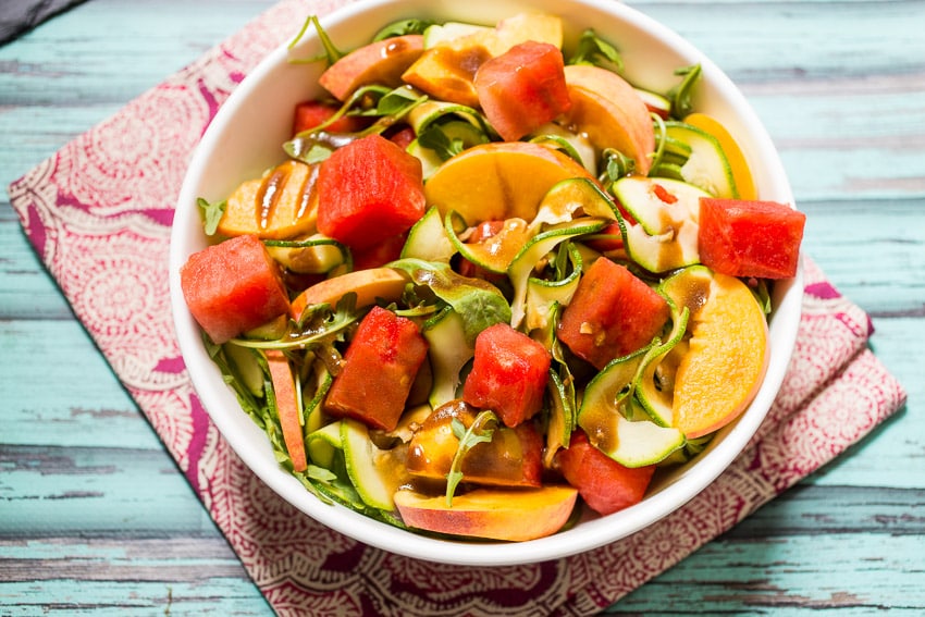 Zucchini Noodle Watermelon and Peach Salad | girlinthelittleredkitchen.com