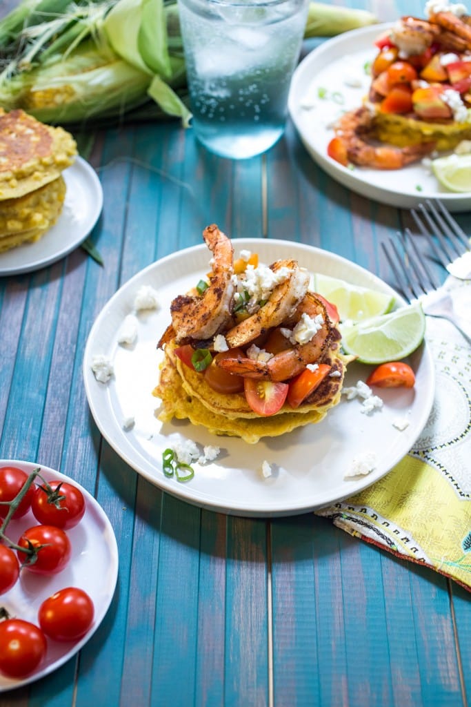 Corn Cakes with Shrimp and Tomatoes from The Girl In The Little Red Kitchen