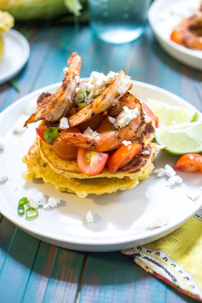 Corn Cakes with Shrimp and Tomatoes | girlinthelittleredktichen.com