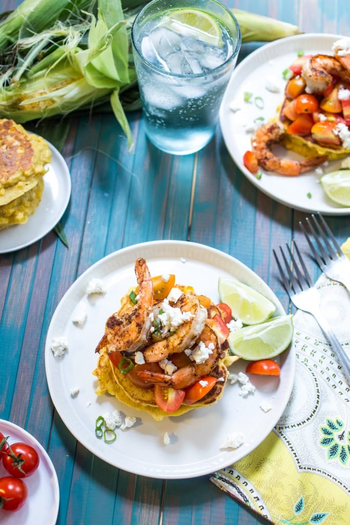 Corn Cakes with Shrimp and Tomatoes | girlinthelittleredkitchen.com