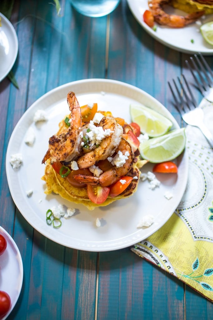 Corn Cakes with Shrimp and Tomatoes | girlinthelittleredkitchen.com