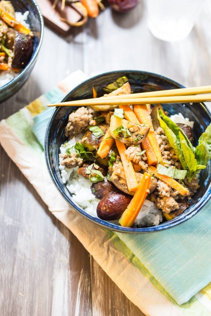 Thai Pork and Eggplant Rice Bowl from The Girl In The Little Red Kitchen | Healthy and delicious Thai inspired quick weeknight meal with ground pork and baby eggplant. 