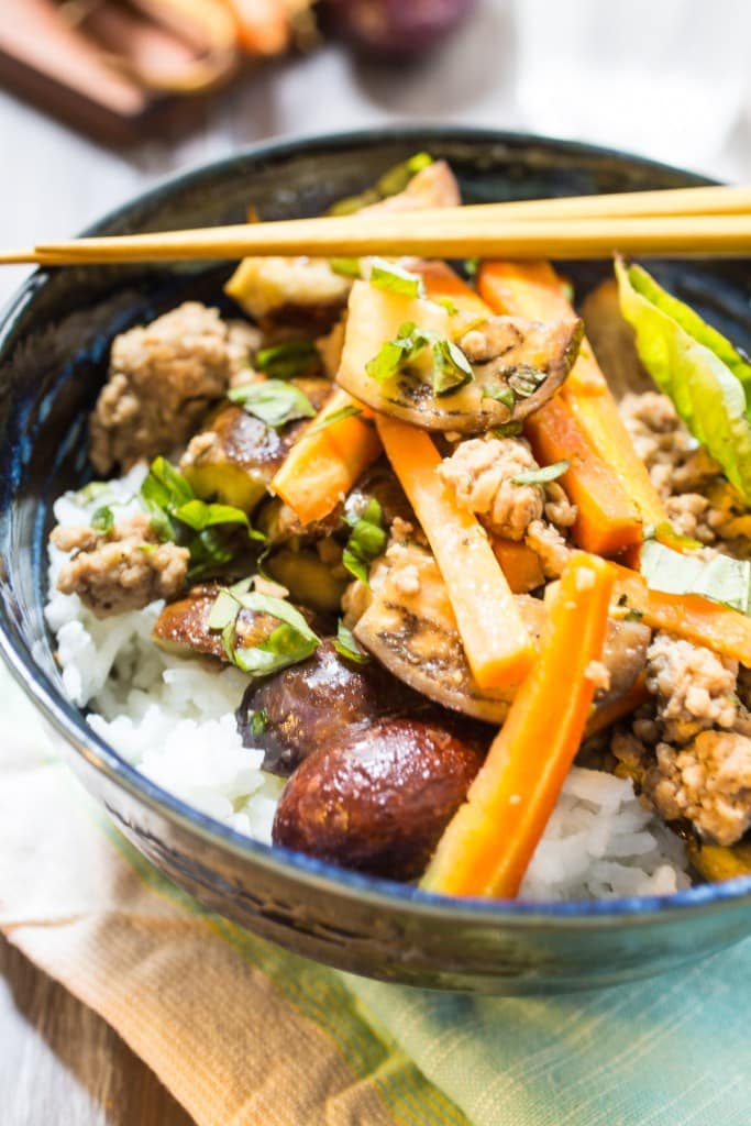 Thai Pork and Eggplant Rice Bowl | girlinthelittleredkitchen.com