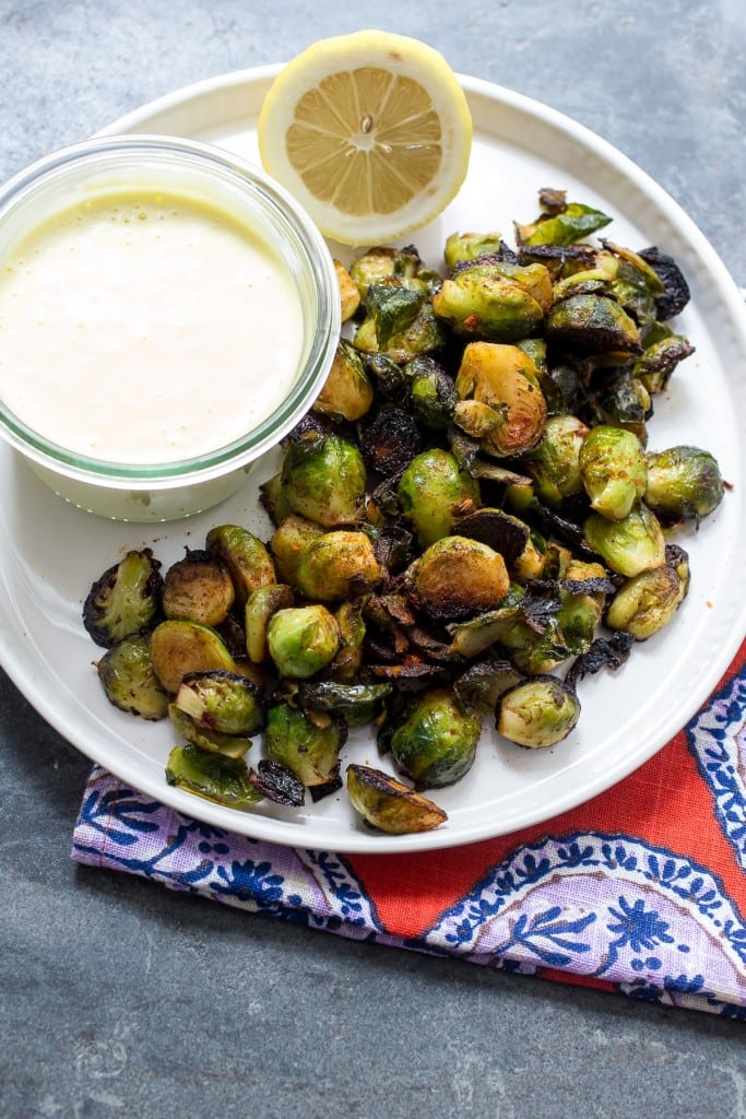 Harissa Brussels Sprouts with Lemon Garlic Aioli from The Girl In The Little Red Kitchen