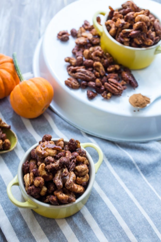 Pumpkin Spice Candied Nuts | girlinthelittleredkitchen.com
