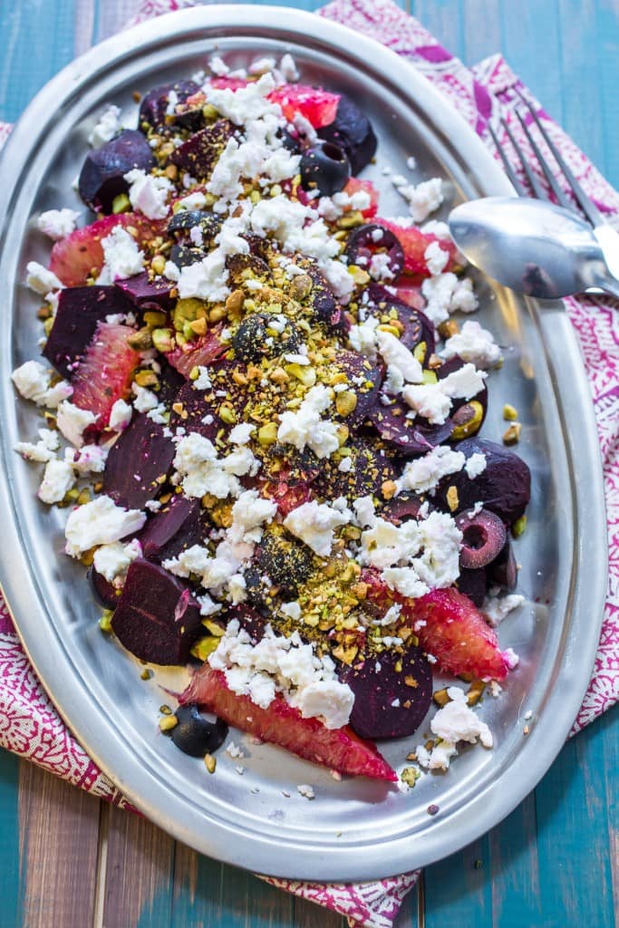 Beet, Orange and Olive Salad with Feta and PIstachios from The Girl In The Little Red Kitchen
