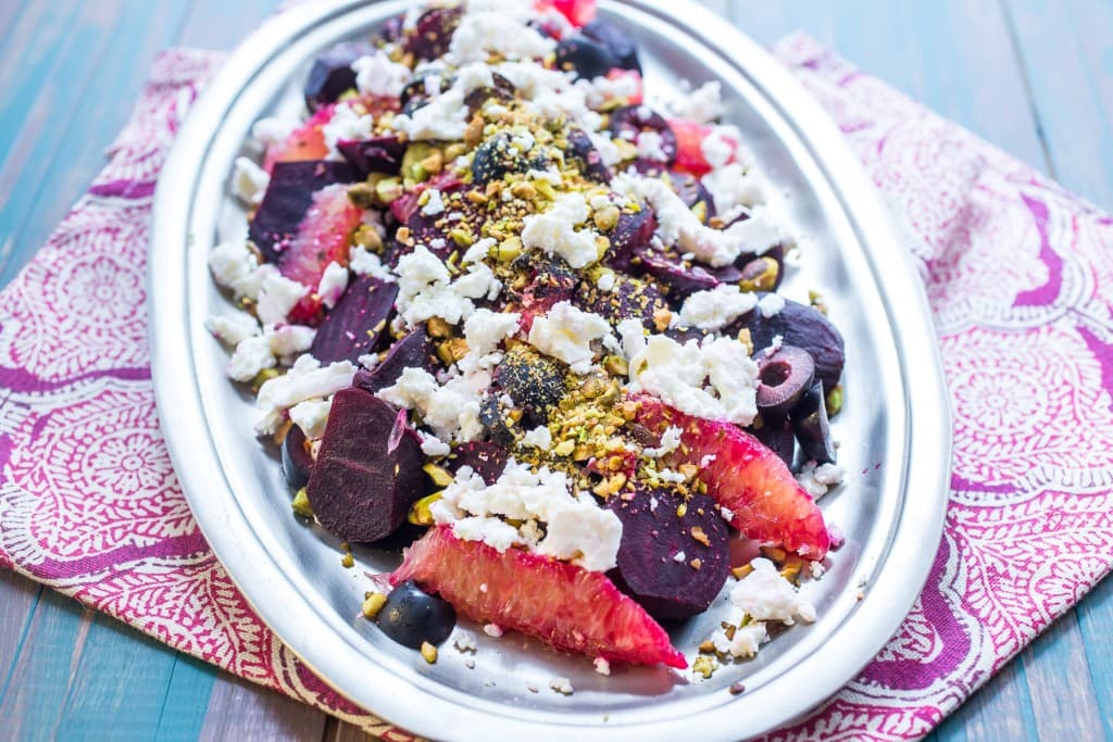 Beet, Orange and Olive Salad with Feta and PIstachios | girlinthelittleredkitchen.com