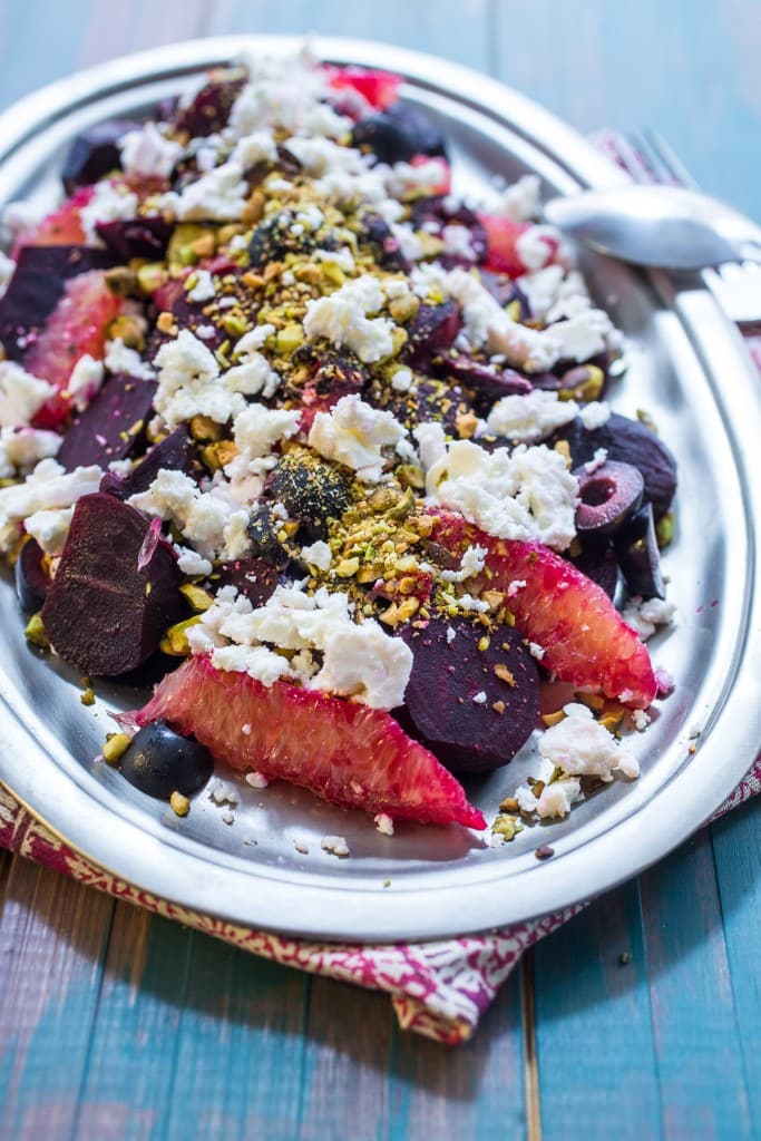 Beet, Orange and Olive Salad with Feta and PIstachios | girlinthelittleredkitchen.com