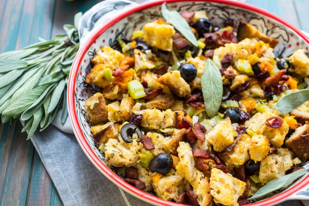 Butternut Squash, Olive and Cranberry Stuffing | girlinthelittleredkitchen.com