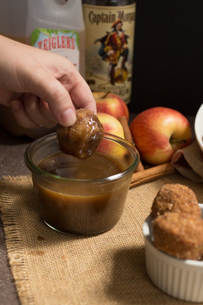Apple Cider Donut Holes with Hot Buttered Rum Dipping Sauce | girlinthelittleredkitchen.com