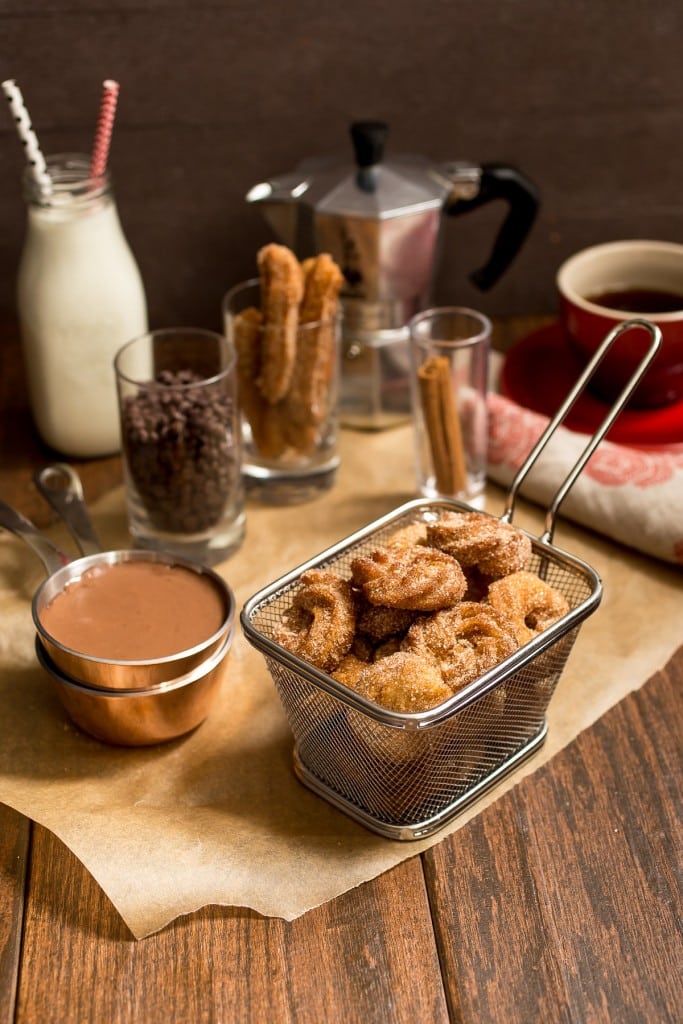Churro Bites with Spicy Chocolate Sauce from The Girl In The Little Red Kitchen