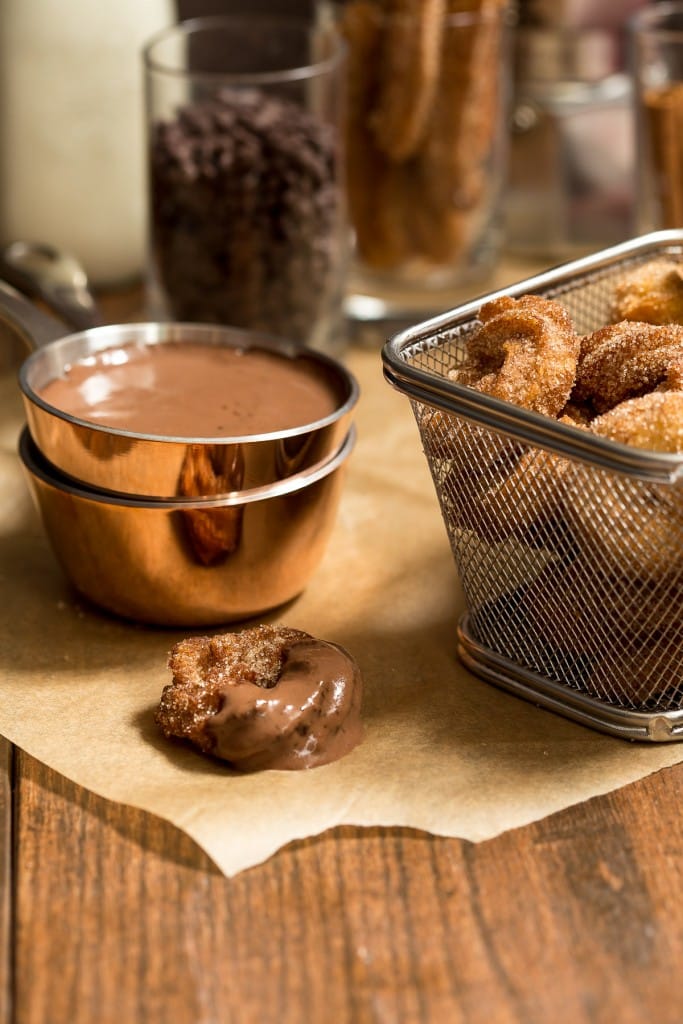 Churro Bites with Spicy Chocolate Sauce | girlinthelittleredkitchen.com