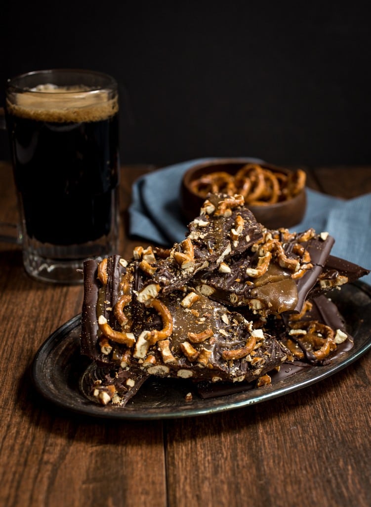 Beer Caramel and Pretzel Chocolate Bark from The Girl In The Little Red Kitchen