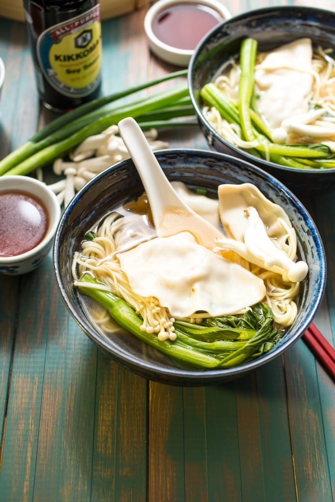 Chicken Mushroom Dumpling and Noodle Soup from The Girl In The Little Red Kitchen | Chinese flavored noodle soup filled with homemade chicken mushroom dumplings and Asian greens guaranteed to fill the takeout food void. 