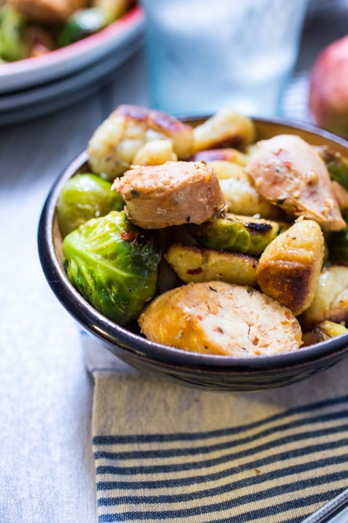 Gnocchi with Chicken Sausage, Brussels Sprouts and Apples | girlinthelittleredkitchen.com
