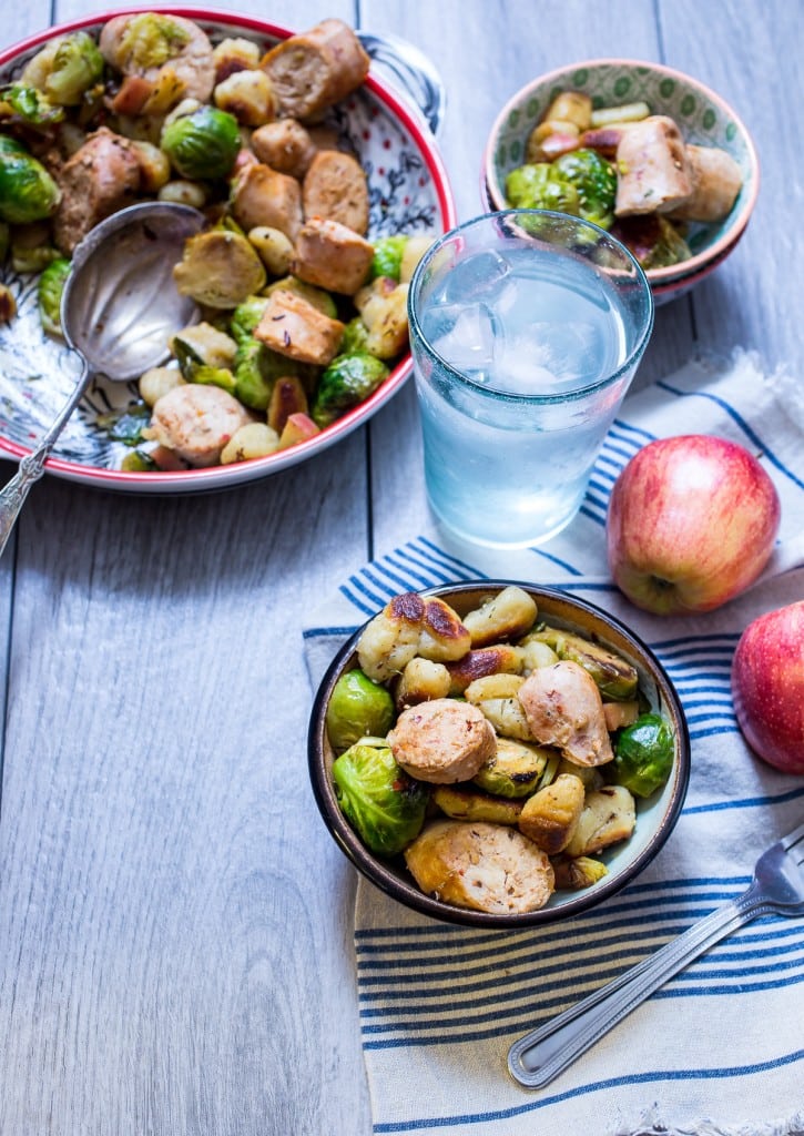 Gnocchi with Chicken Sausage, Brussels Sprouts and Apples | girlinthelittleredkitchen.com