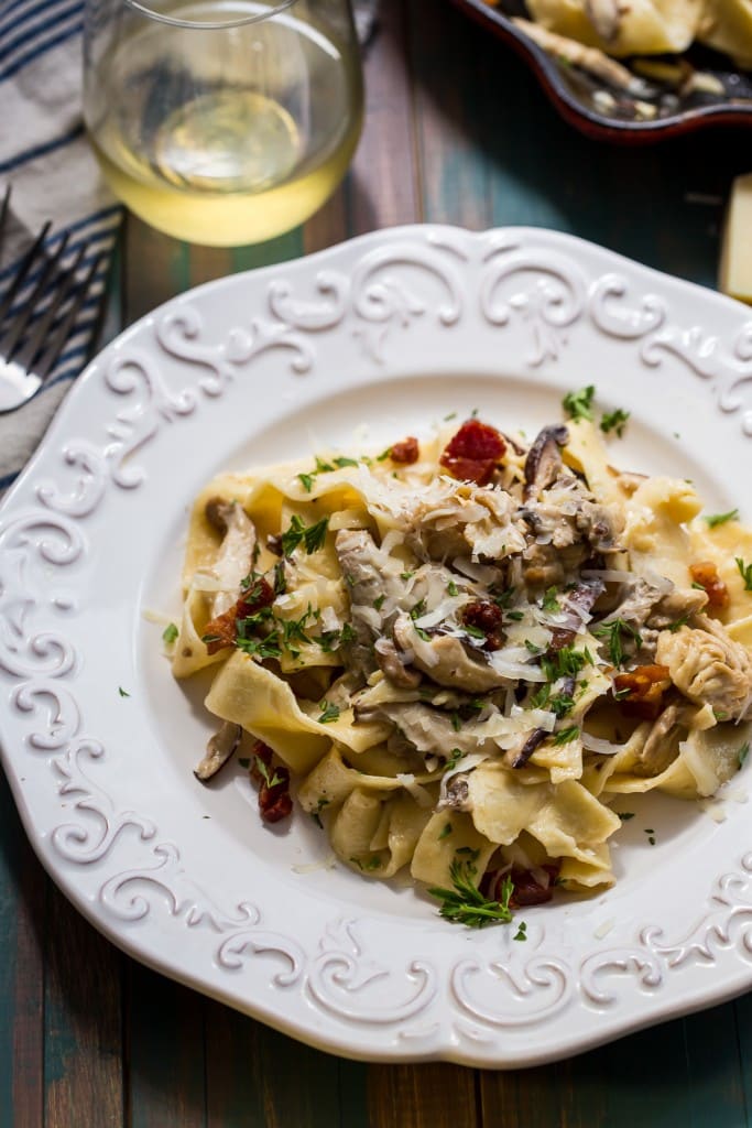 Pappardelle with Mushrooms and Goat Cheese Cream Sauce | girlinthelittleredkitchen.com