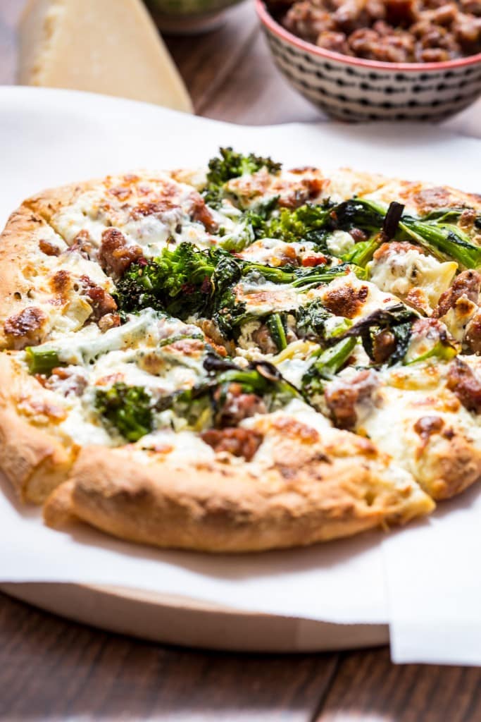 Broccoli Rabe, Sausage and Ricotta Pizza from The Girl In The Little Red Kitchen