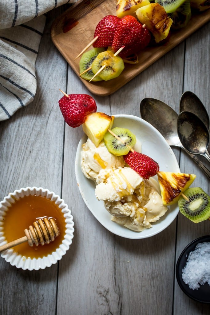 Salted Honey Ice Cream with Grilled Fruit Kabobs | girlinthelittleredkitchen.com