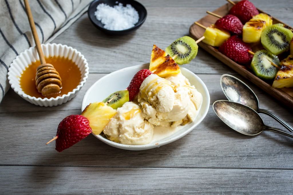 Salted Honey Ice Cream with Fruit Kabobs | girlinthelittleredkitchen.com