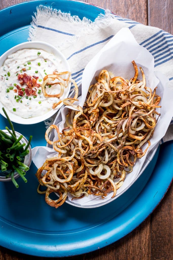 Air Fryer Curly Fries with Bacon Chive Dip from The Girl In The Little Red Kitchen
