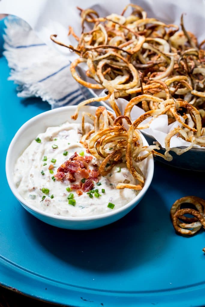 Air Fryer Curly Fries with Bacon Chive Dip | girlinthelittleredkitchen.com