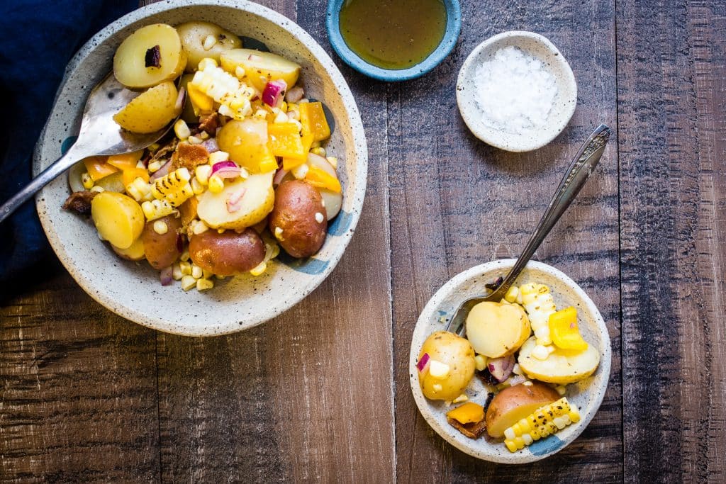 Potato Salad with Bacon, Corn and Peppers | girlinthelittleredkitchen.com