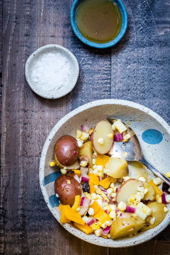 Potato Salad with Bacon, Corn and Peppers | girlinthelittleredkitchen.com