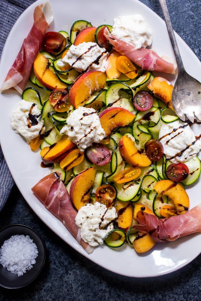 Zucchini, Peach and Burrata Salad from The Girl In The Little Red Kitchen
