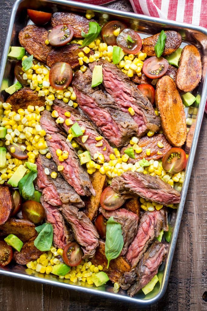 STEAK AND POTATO SALAD WITH AVOCADO, CORN AND TOMATOES | GIRLINTHELITTLEREDKITCHEN.COM