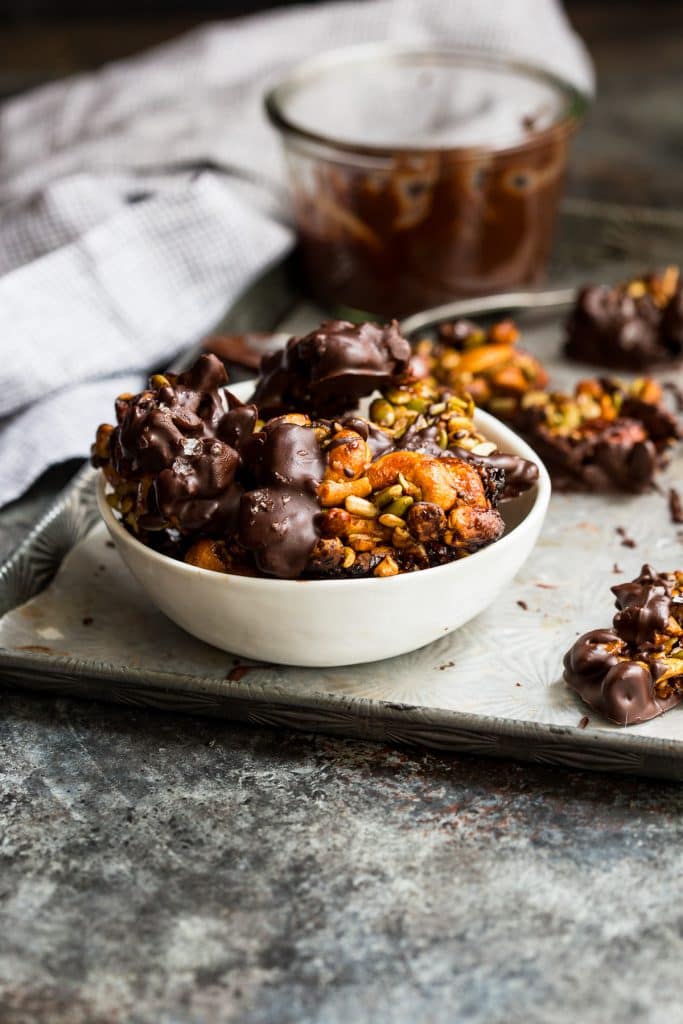 Chocolate Dipped Nut and Seed Clusters | girlinthelittleredkitchen.com