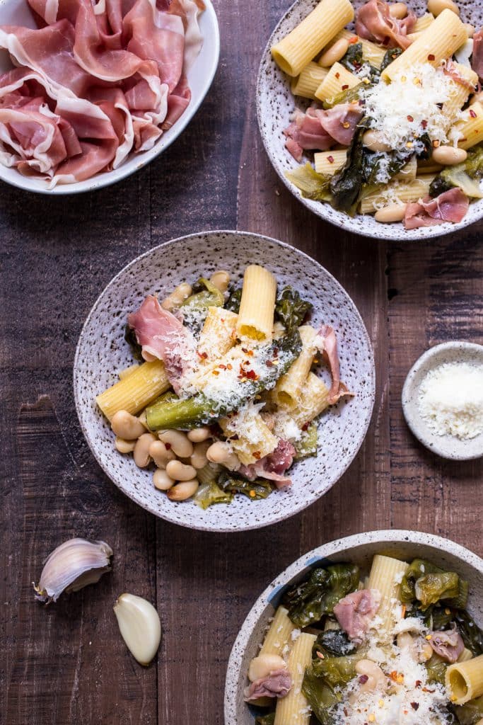 Rigatoni with Braised Escarole, White Beans and Prosciutto | girlinthelittleredkitchen.com