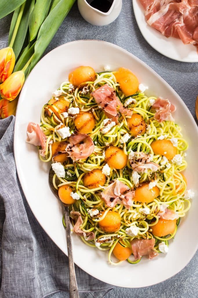 Prosciutto and Melon Zucchini Noodle Salad | GIRLINTHELITTLEREDKITCHEN.COM