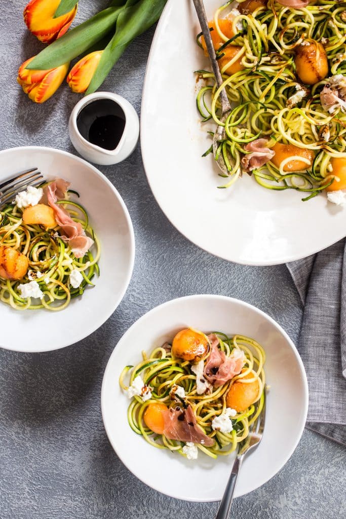 Prosciutto and Melon Zucchini Noodle Salad | girlinthelittleredkitchen.com