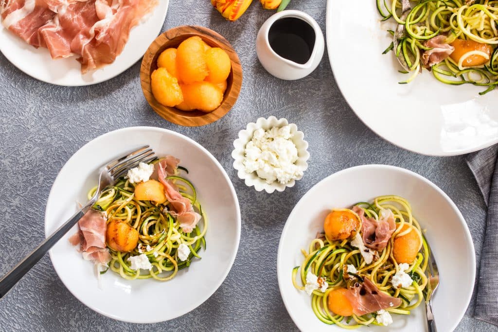 Prosciutto and Melon Zucchini Noodle Salad | girlinthelittleredkitchen.com
