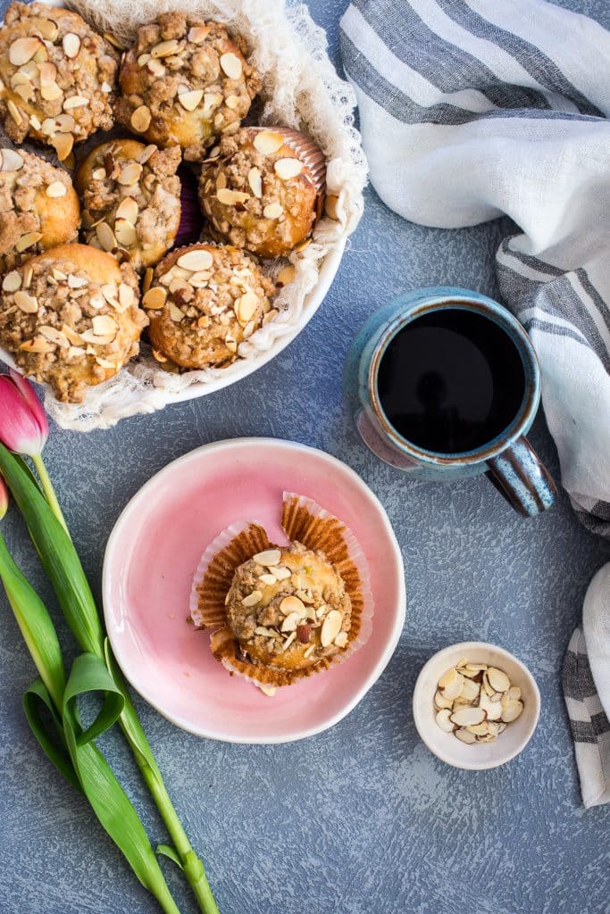Rhubarb Almond Crumb Muffins | girlinthelittleredkitchen.com