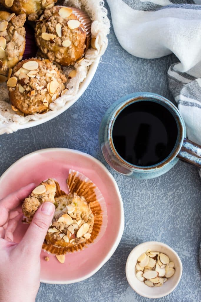 Rhubarb Almond Crumb Muffin | girlinthelittleredkitchen.com