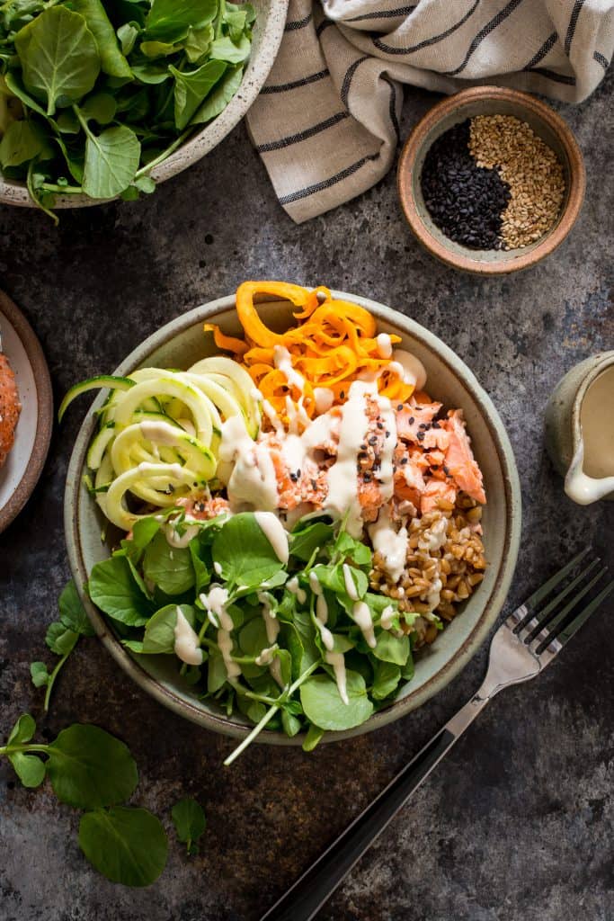 Salmon and Watercress Grain Bowls with Sweet Potato and Zucchini Noodles | girlinthelittleredkitchen.com
