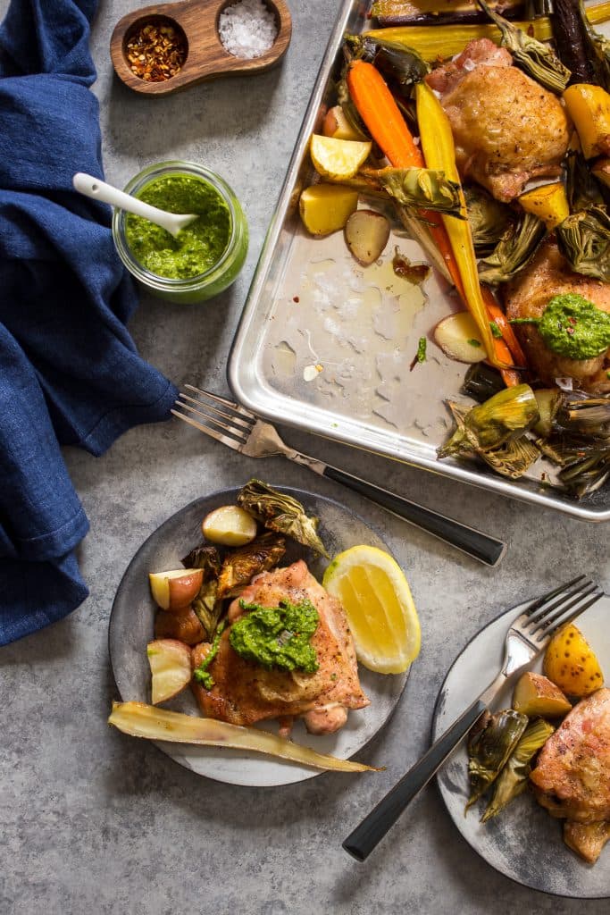 Sheet Pan Chicken Thighs with Baby Artichokes | girlinthelittleredkitchen.com