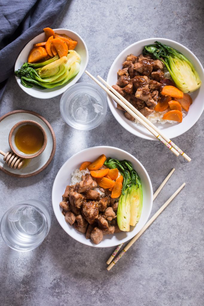 Asian Rice Bowls with Honey Soy Pork Tenderloin | girlinthelittleredkitchen.com