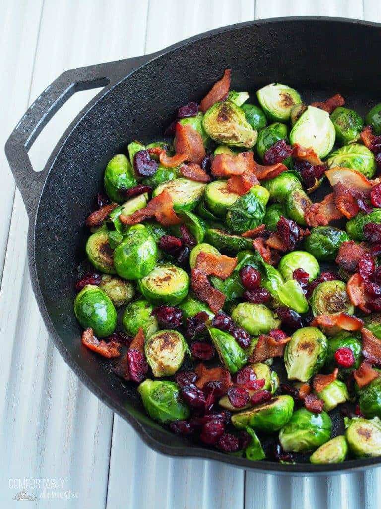 Pan Seared Brussels Sprouts with Bacon and Cranberries | Comfortably Domestic